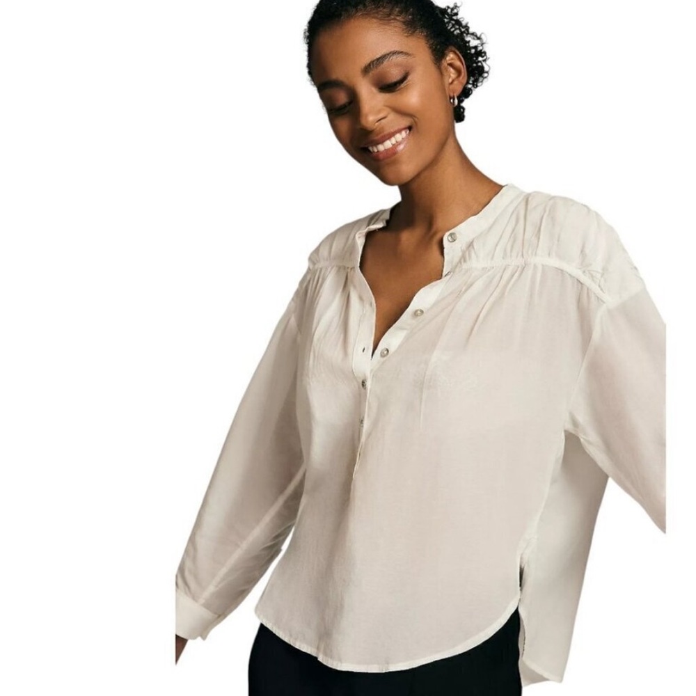 Anthropologie Pilcro Henley Pullover Blouse Top  Cropped Cotton White Medium
